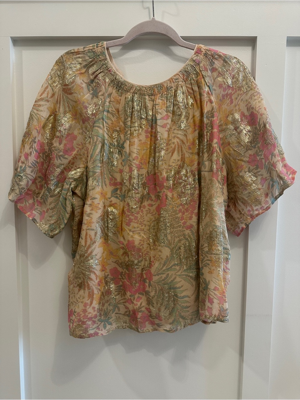 LOFT Floral Metallic Blouse Pink Gold Size L NWT